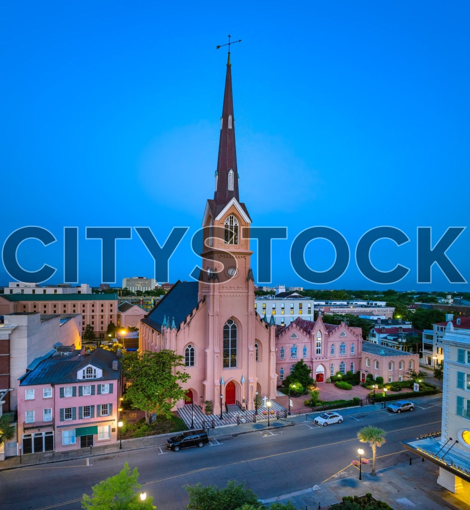 Aerial View of Pink Church in Charleston, SC at Sunset