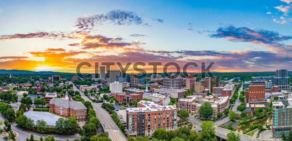 Aerial View of Greenville, SC at Sunset with Vibrant Sky