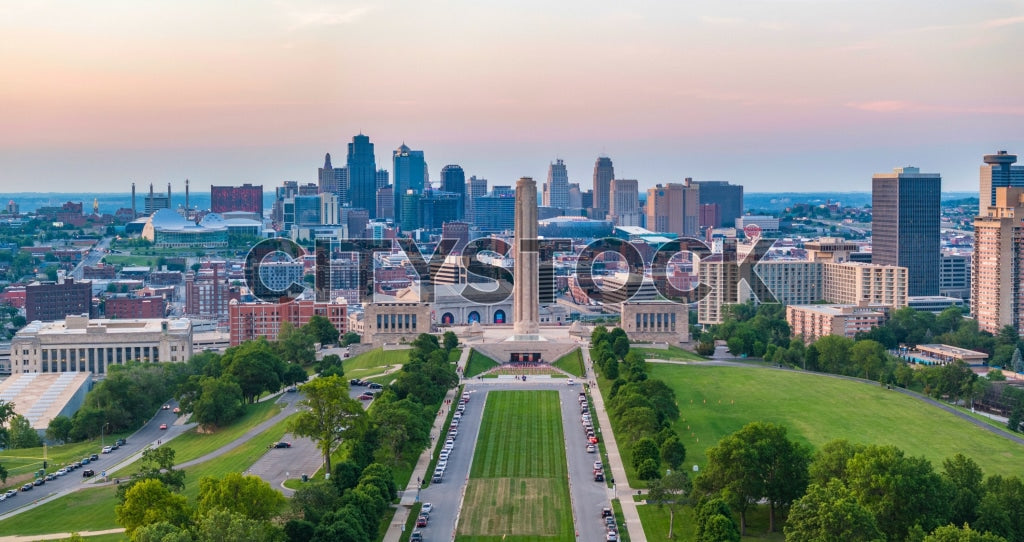 Aerial view of Kansas City skyline during sunset with vibrant colors