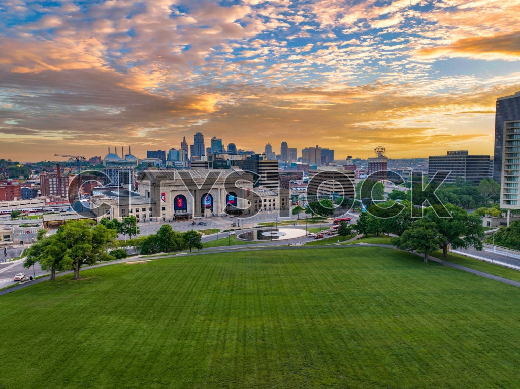 Aerial view of Kansas City sunrise with Union Station and cityscape
