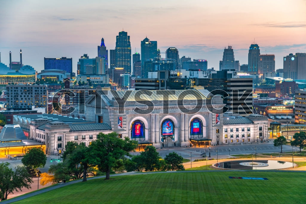 Twilight cityscape of Kansas City with Union Station and downtown skyline