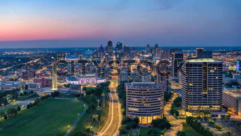 Aerial view of Kansas City skyline with sunset and city lights