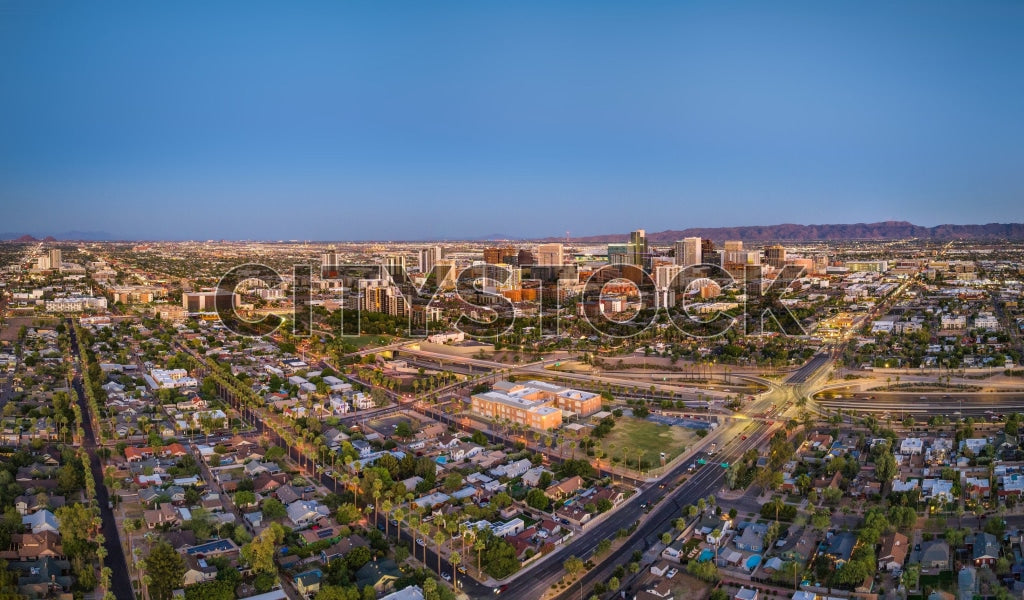 Aerial sunrise view of Phoenix, Arizona cityscape