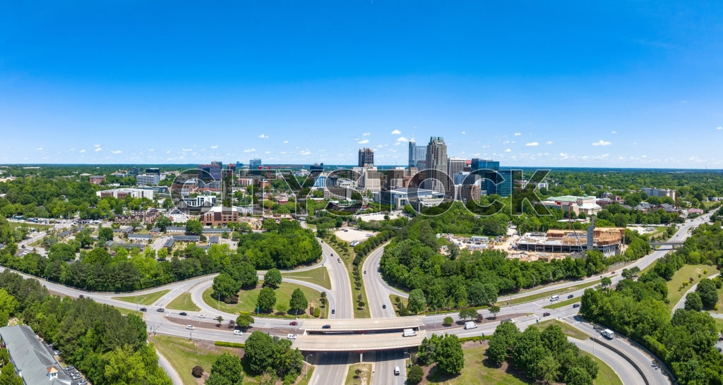 Aerial city view of downtown Raleigh, North Carolina on a clear day