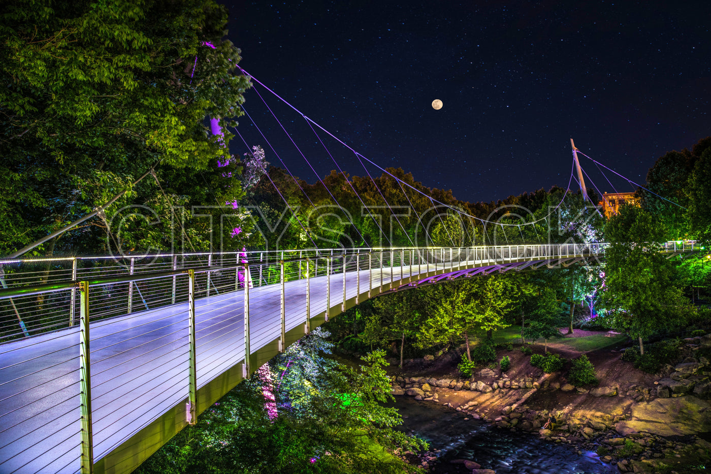 Moonlit view of a suspension bridge over river in Greenville, SC