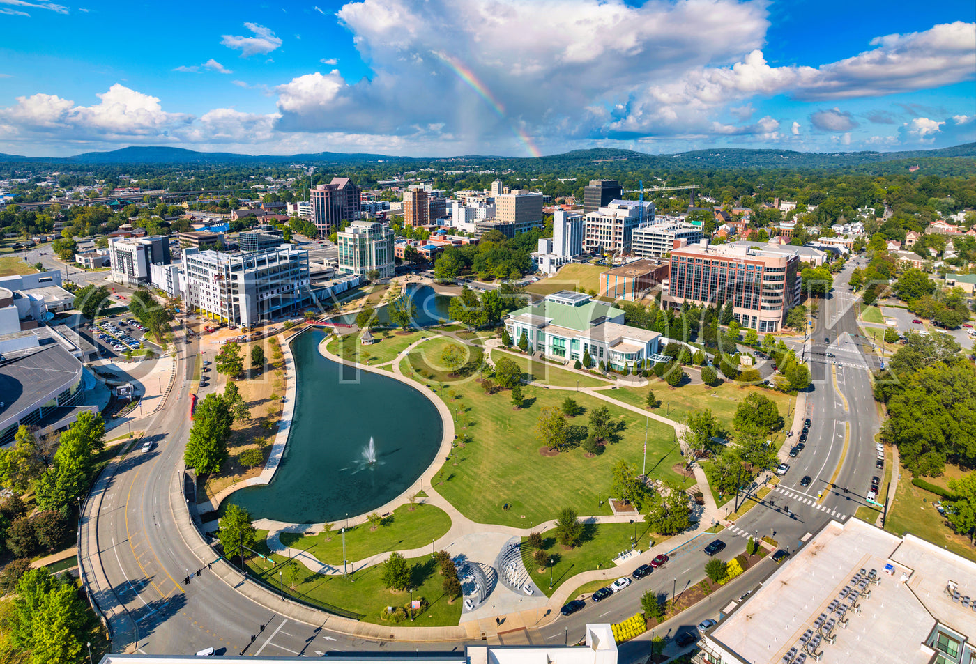 Aerial view of Huntsville, Alabama with a rainbow over the city