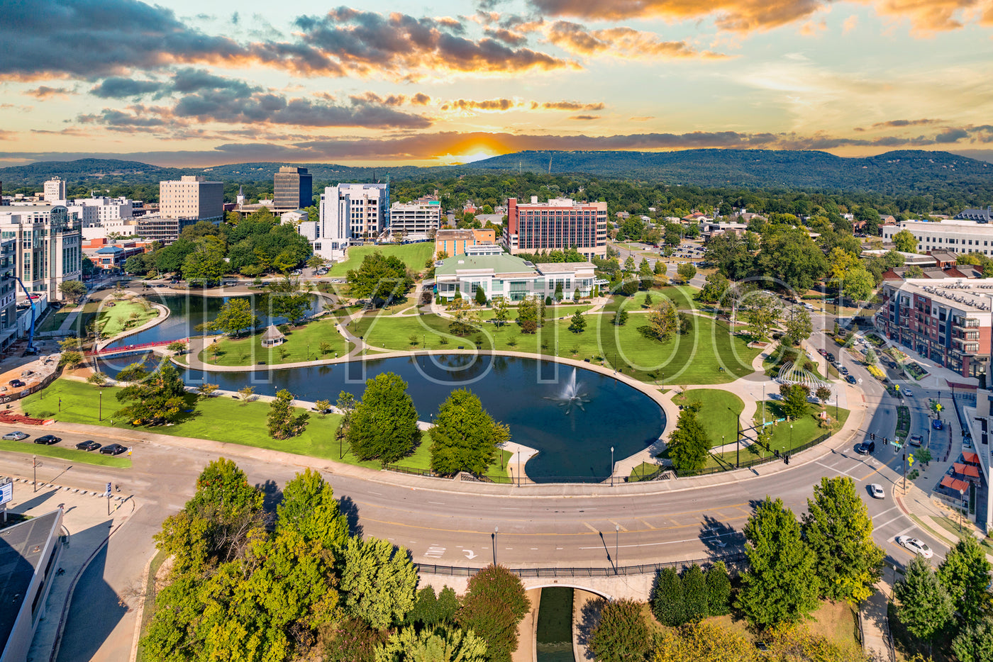 Aerial view of Big Spring Park in Huntsville, Alabama during sunset