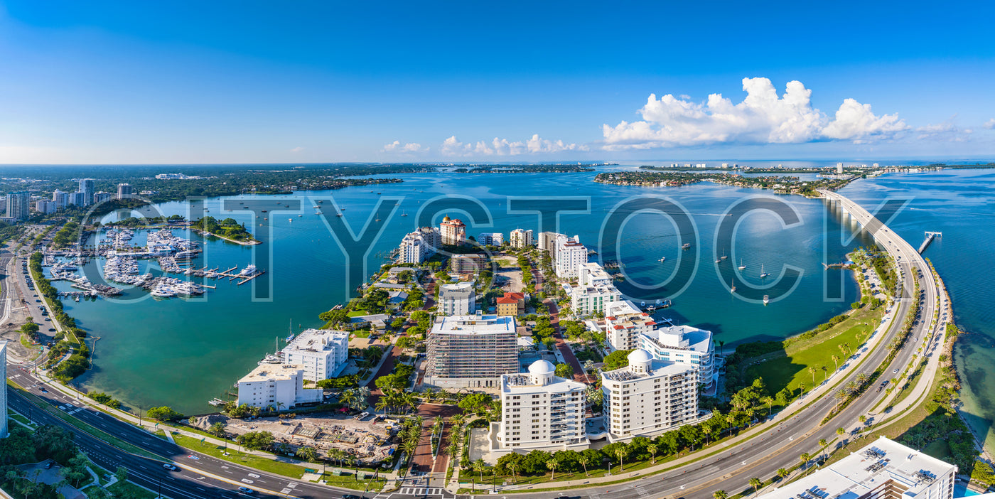 Aerial view of Sarasota Florida highlighting marina and buildings