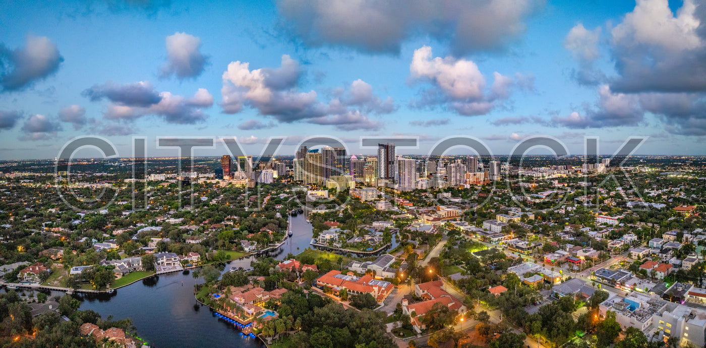 Aerial view of Fort Lauderdale skyline and sunset