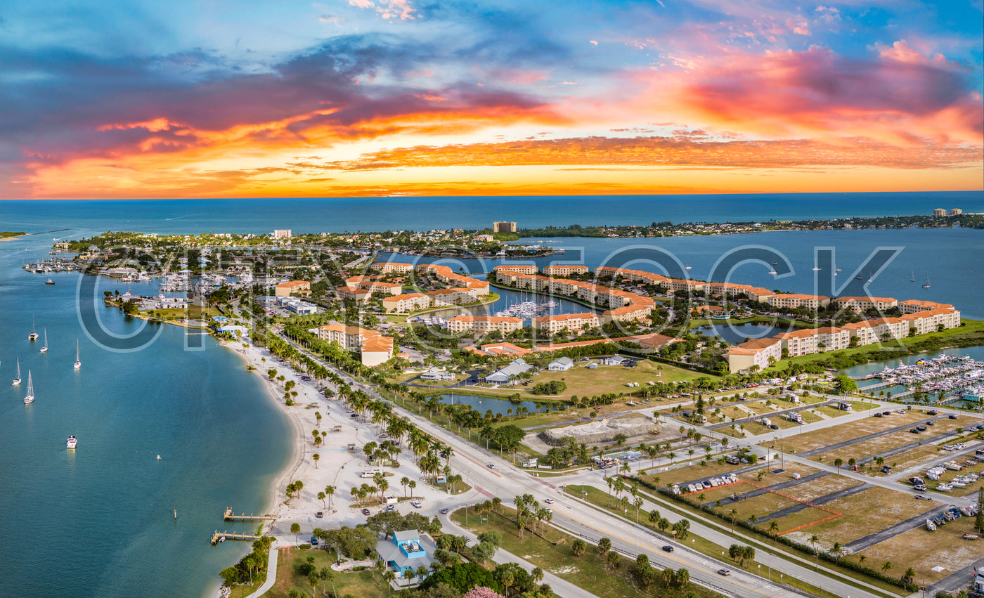 Aerial shot of Fort Pierce marina at sunset, Florida, USA