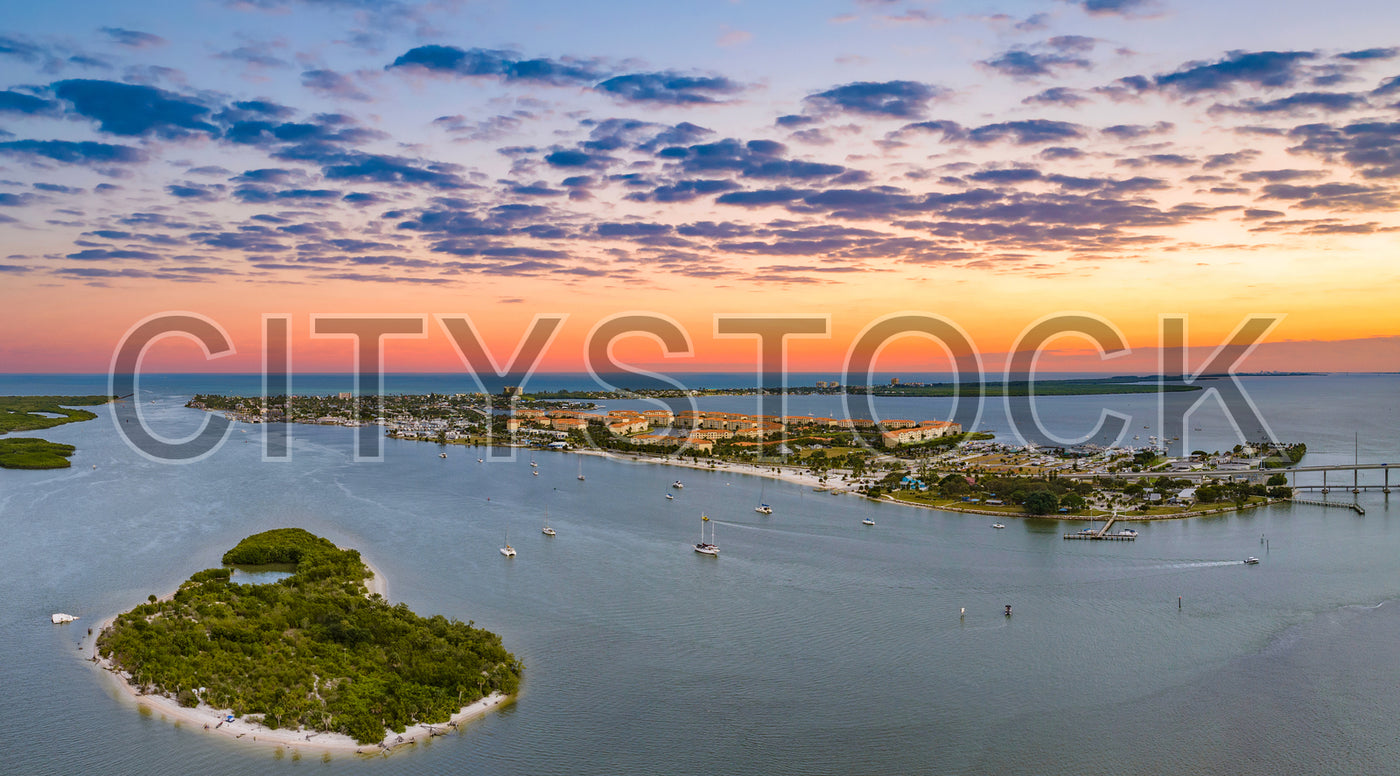 Aerial view of Fort Pierce Marina at sunset, Florida