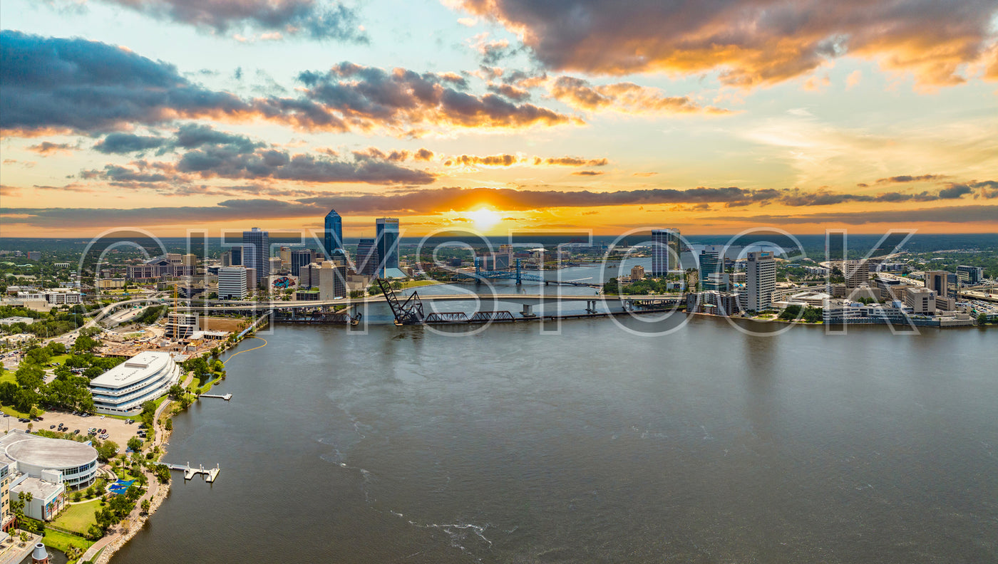 Aerial view of Jacksonville skyline and St. Johns River at sunset