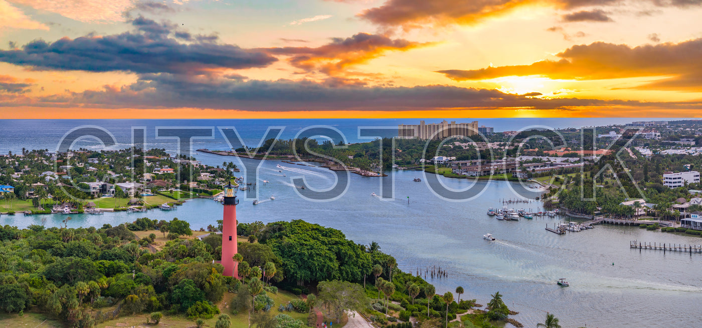 Stunning view of Jupiter Lighthouse and marina during sunset in Florida