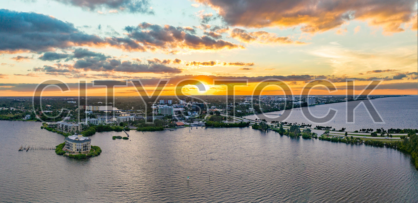 Aerial view of sunset over Melbourne, Florida with Indian River