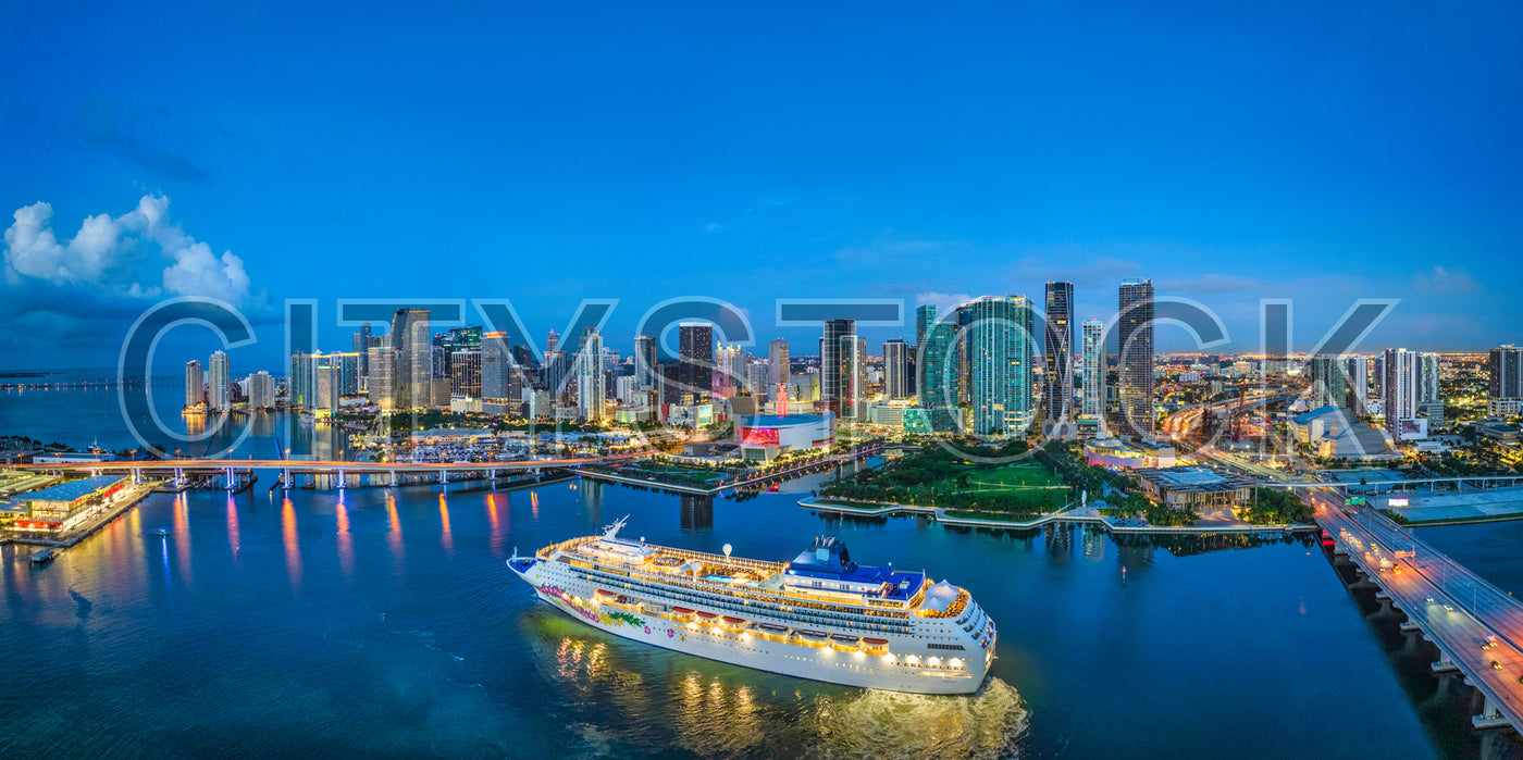 Miami skyline with cruise ship at sunset, Biscayne Bay panorama