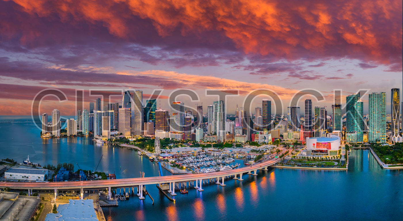 Sunset over Miami skyline and Biscayne Bay with vibrant skies