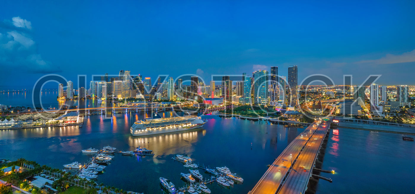 Aerial view of Miami skyline and marina illuminated at night