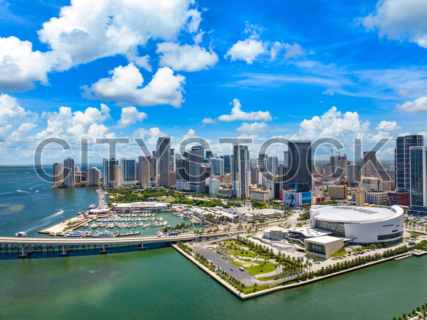 Aerial view of Miami downtown skyline and Biscayne Bay marina