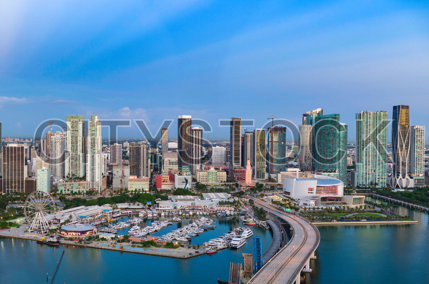 Stunning sunset view of Miami skyline with marine and urban elements