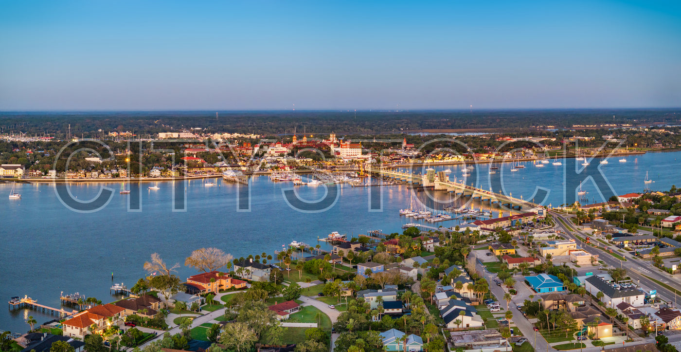Aerial view of St. Augustine, FL at twilight, Bridge of Lions visible