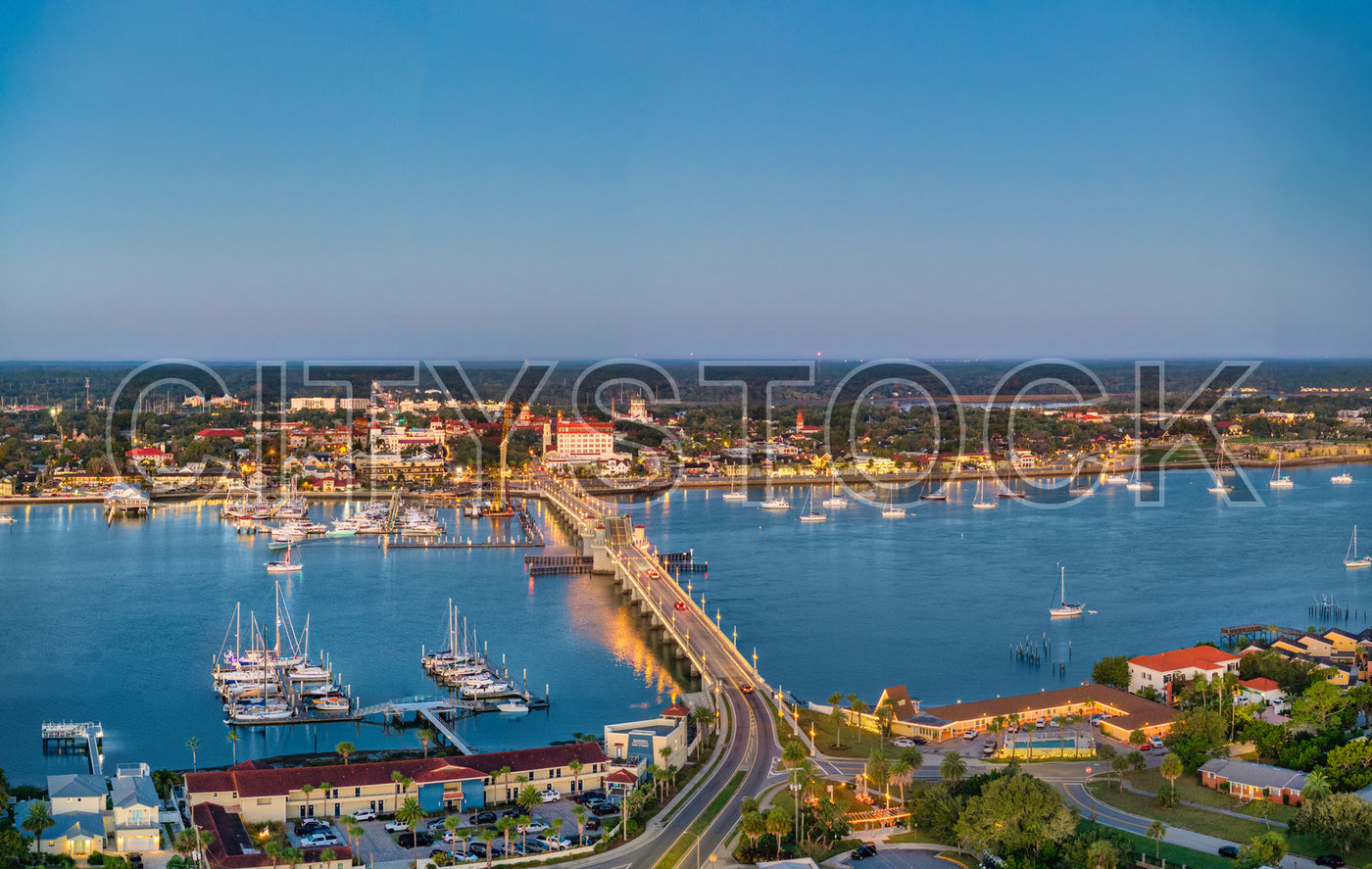 Aerial view of St Augustine marina at sunset in Florida