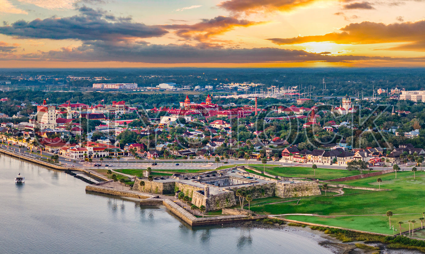 Aerial view capturing sunset over historic St. Augustine, Florida