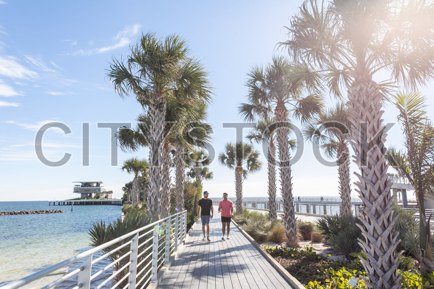 Couple walking on a sunny boardwalk with palm trees in St. Petersburg, FL