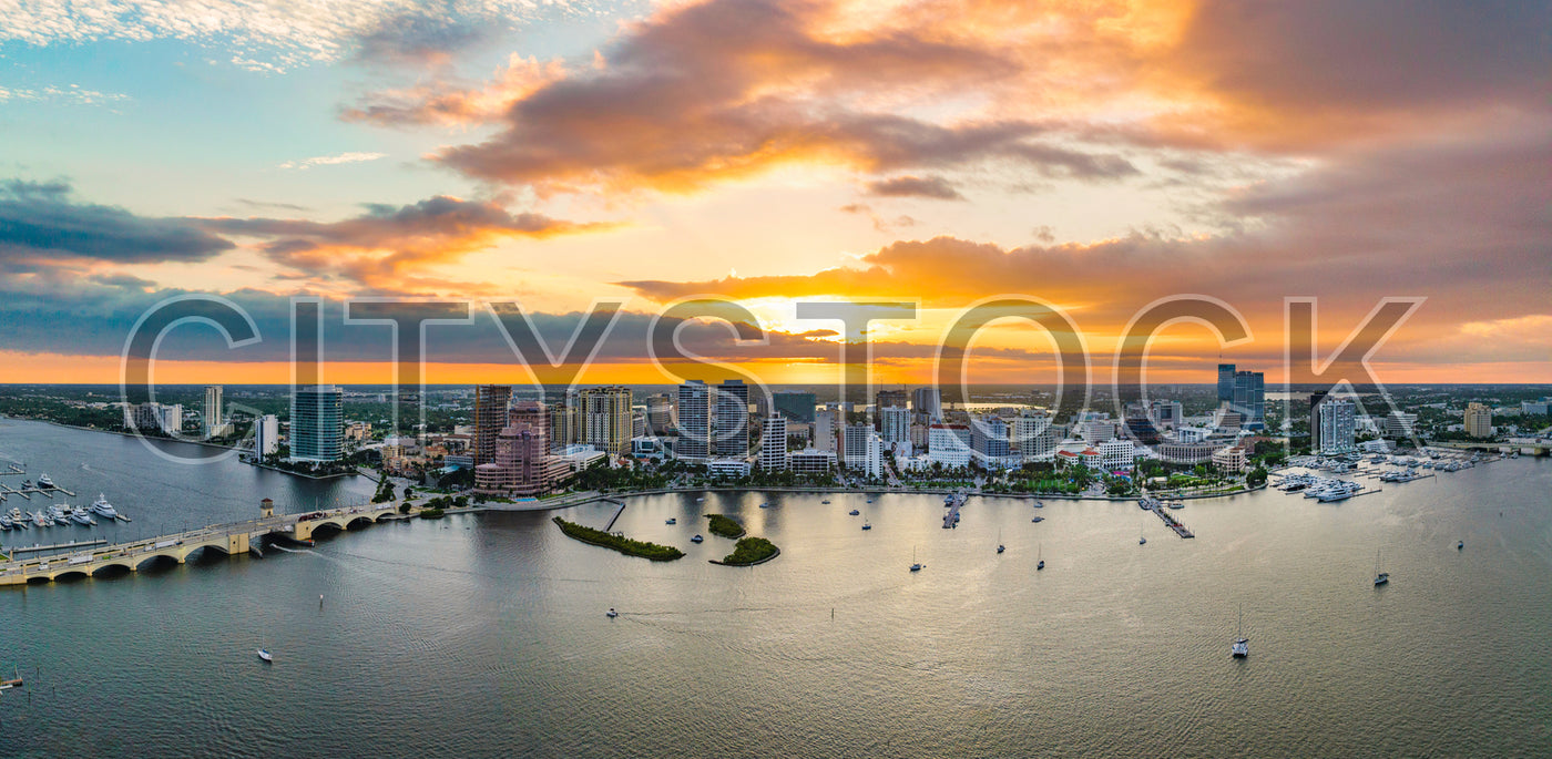 Stunning sunset over West Palm Beach skyline with waterfront