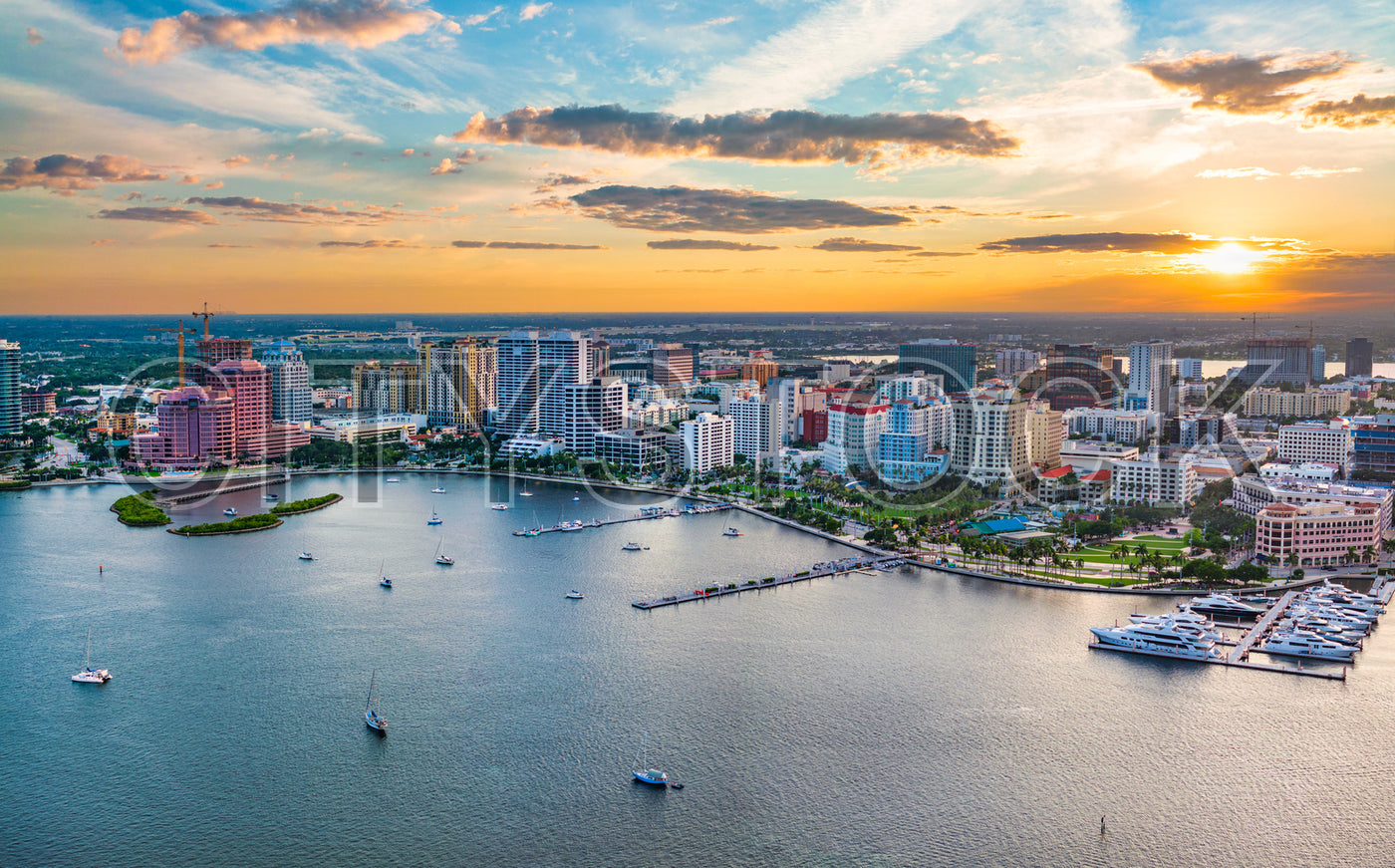 Aerial view of West Palm Beach skyline and waterfront at sunset