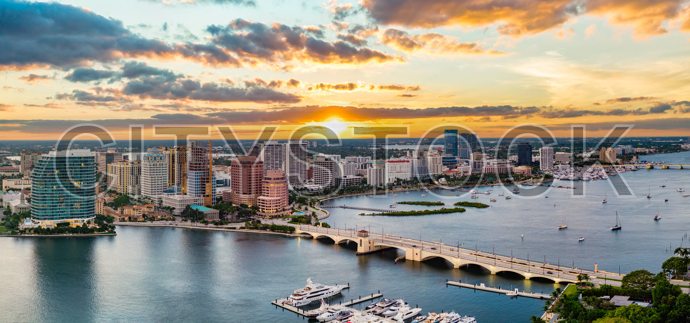 Panoramic view of West Palm Beach skyline and sunset
