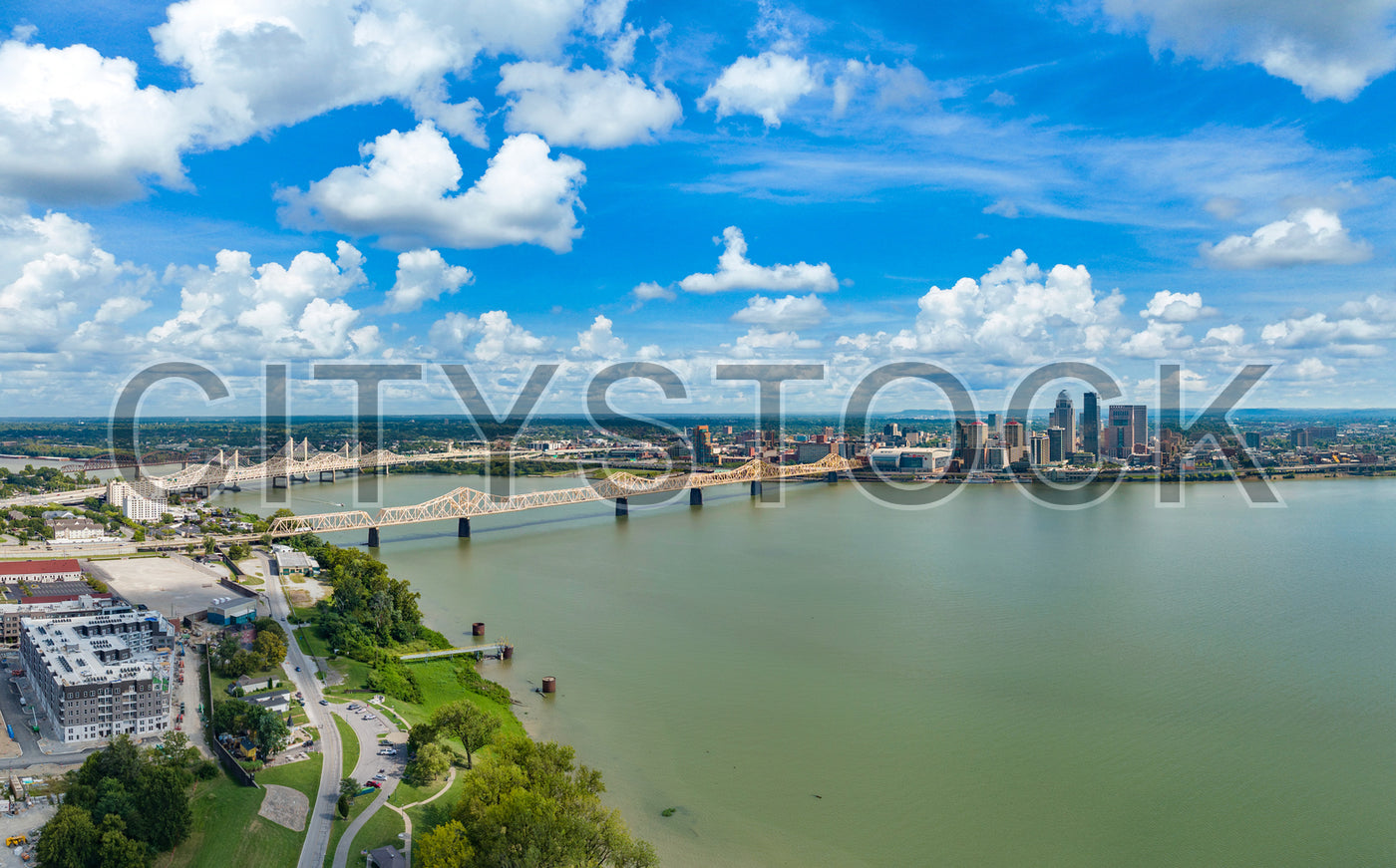 Aerial view of Louisville skyline and Ohio River bridges