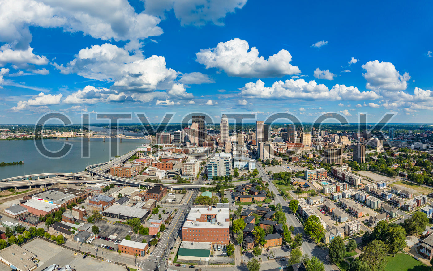 Aerial panoramic view of Louisville city skyline and Ohio River