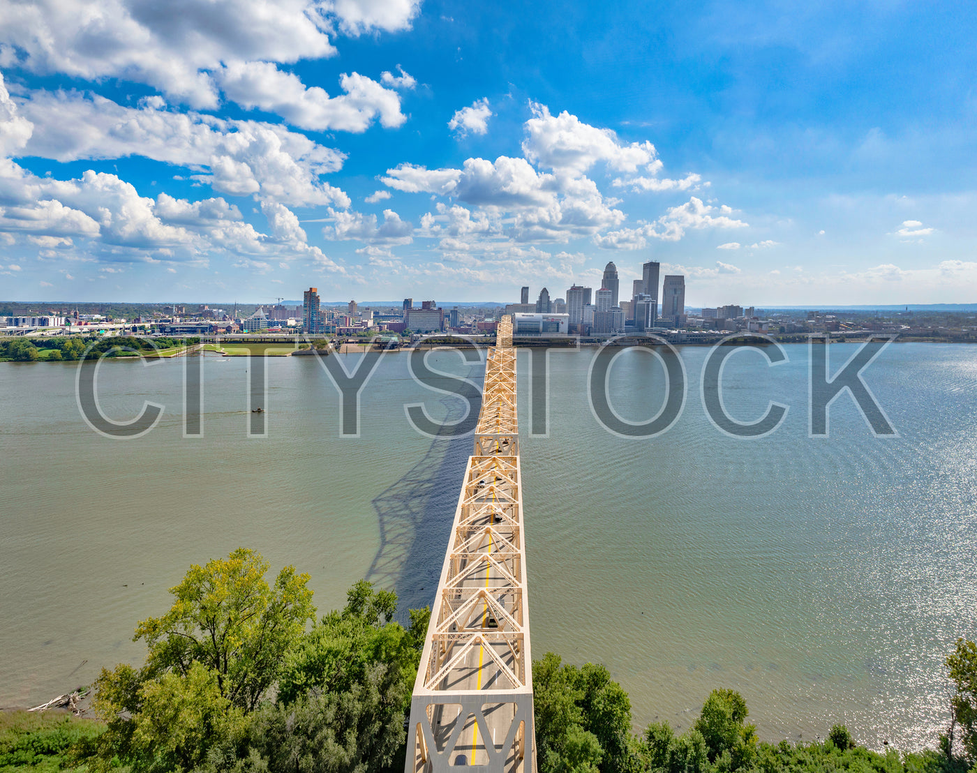 View of Louisville skyline and Ohio River on a sunny day