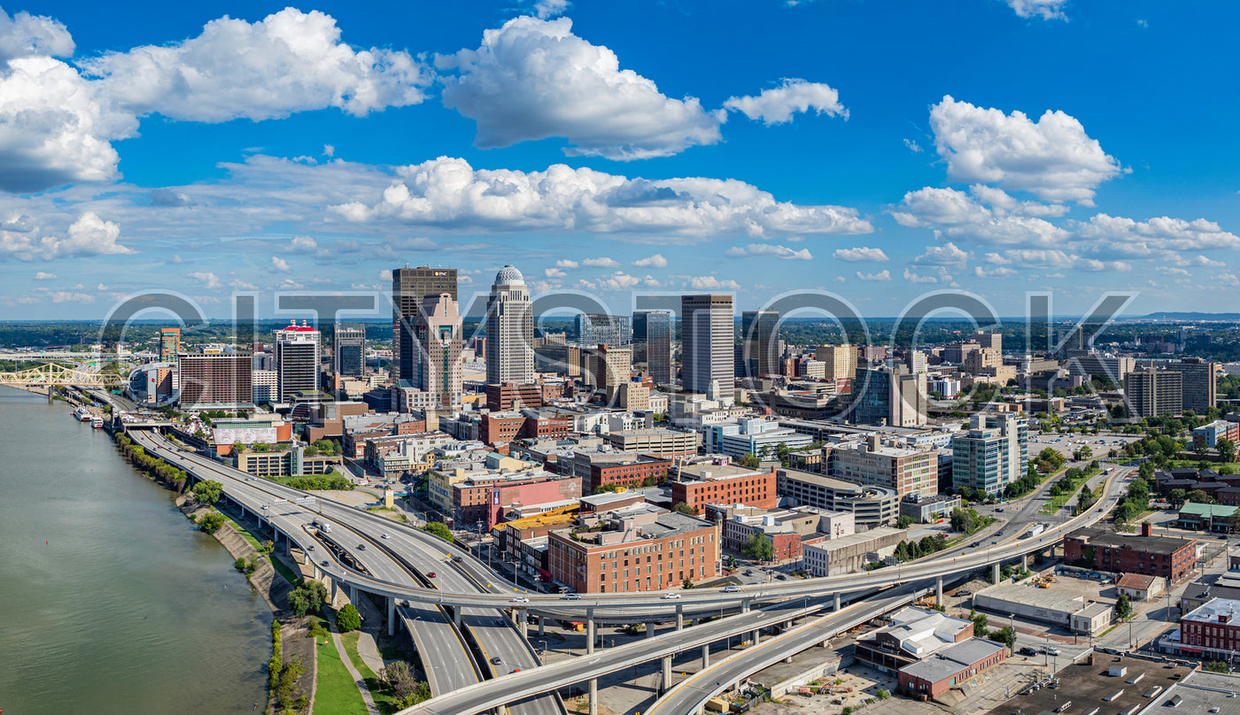 Aerial view of downtown Louisville, KY skyline and Ohio River