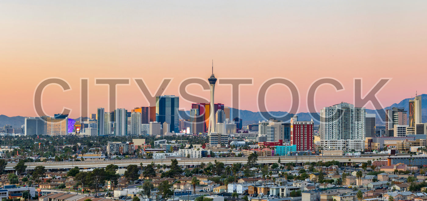 Sunset view of Las Vegas skyline featuring Stratosphere