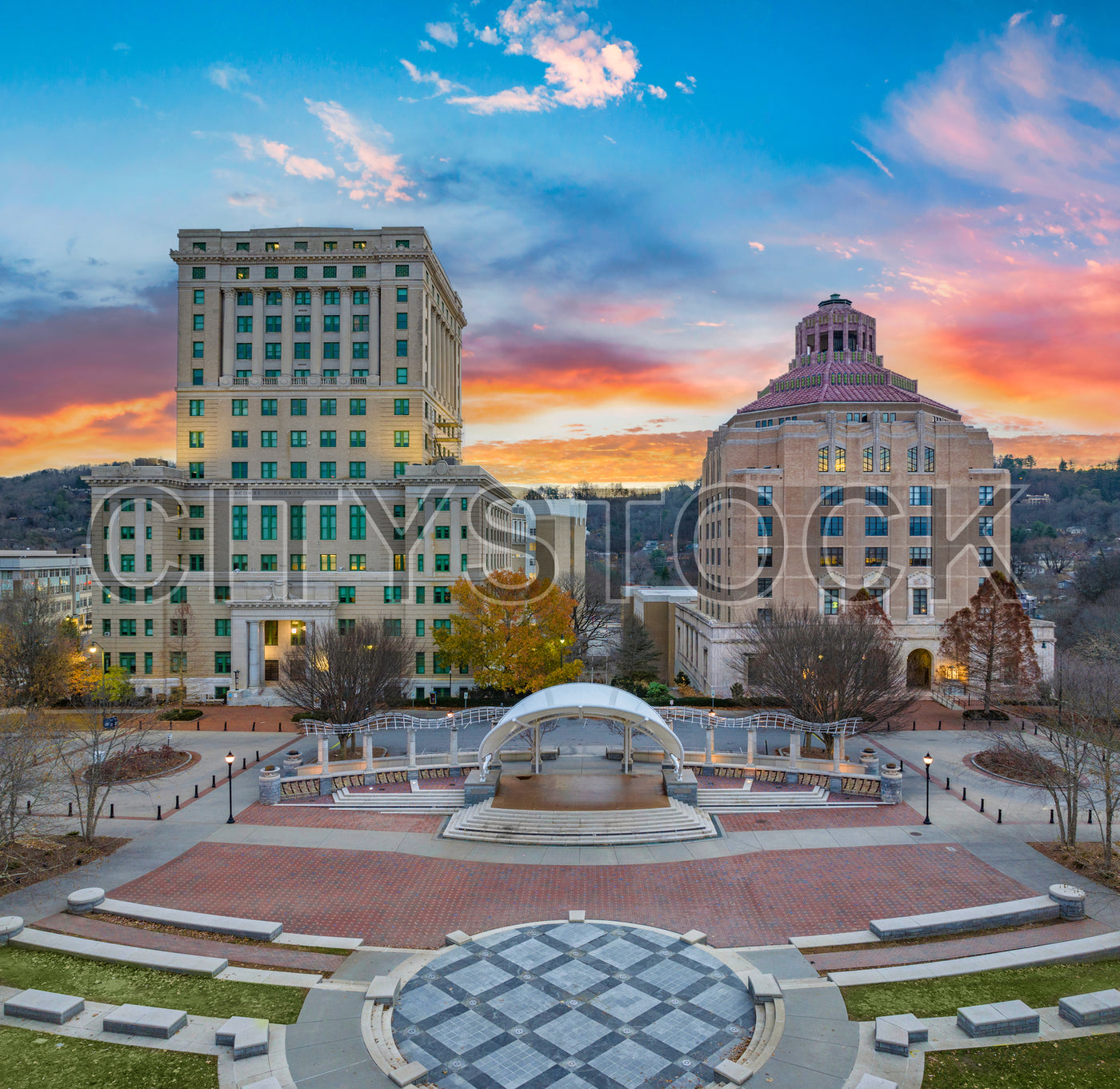 Sunset over Asheville City Hall and Buncombe County Courthouse