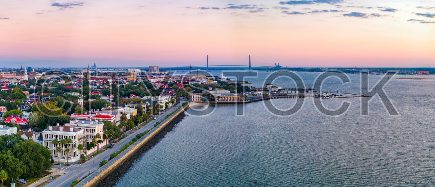 Sunset view of Arthur Ravenel Jr. Bridge and Charleston cityscape