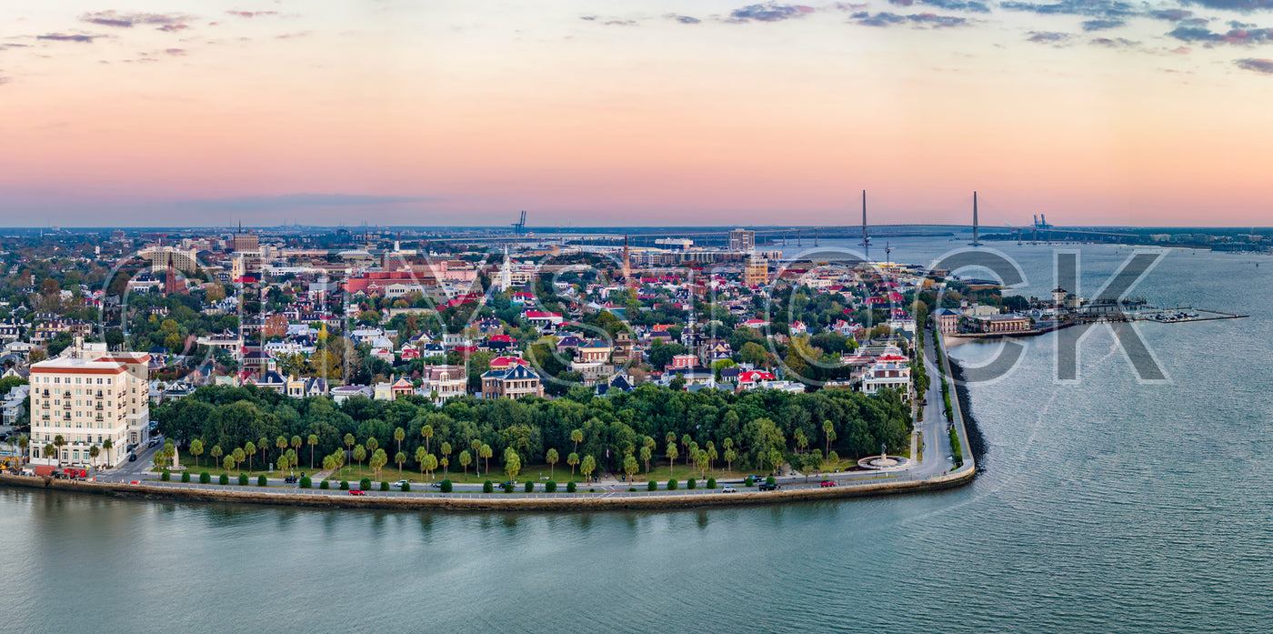 Aerial View of Charleston SC and Cooper River Bridge at Sunset