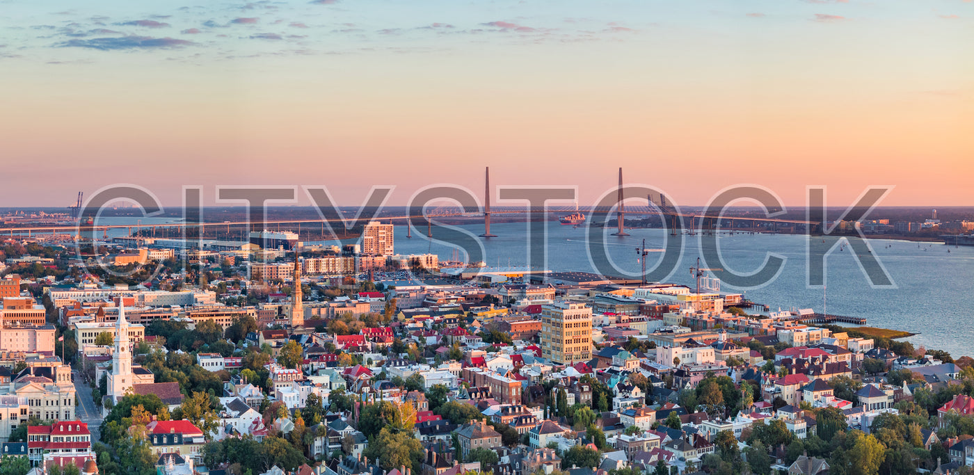 Aerial view of Charleston SC at sunset with Arthur Ravenel Jr. Bridge