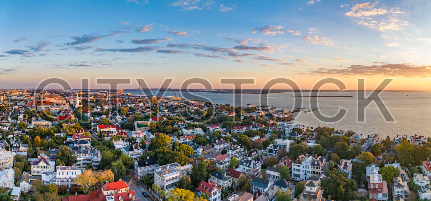 Aerial view of Charleston, SC at sunrise highlighting historic cityscape