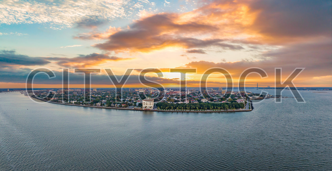 Aerial view of Charleston SC skyline and waterfront at sunset