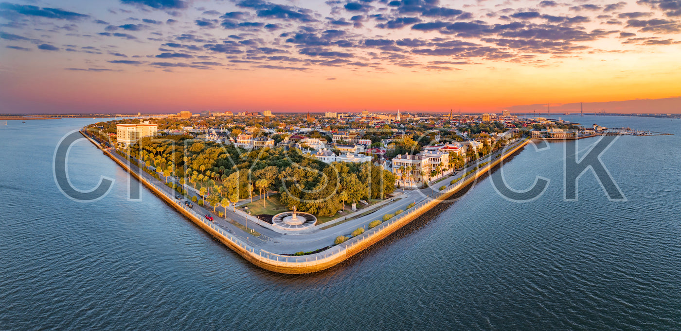 Aerial cityscape of Charleston, South Carolina at sunset