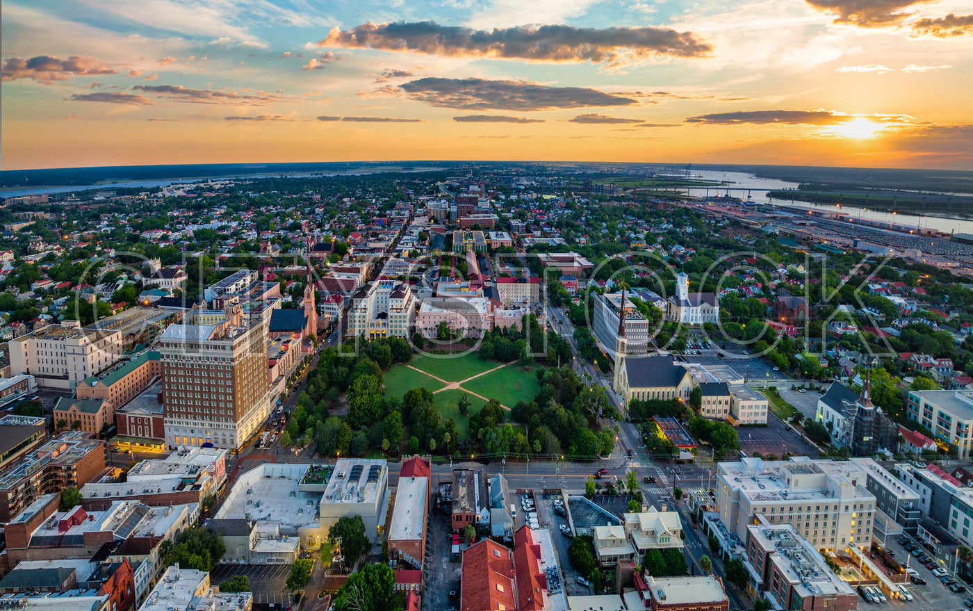 Aerial view of Charleston, South Carolina at sunset