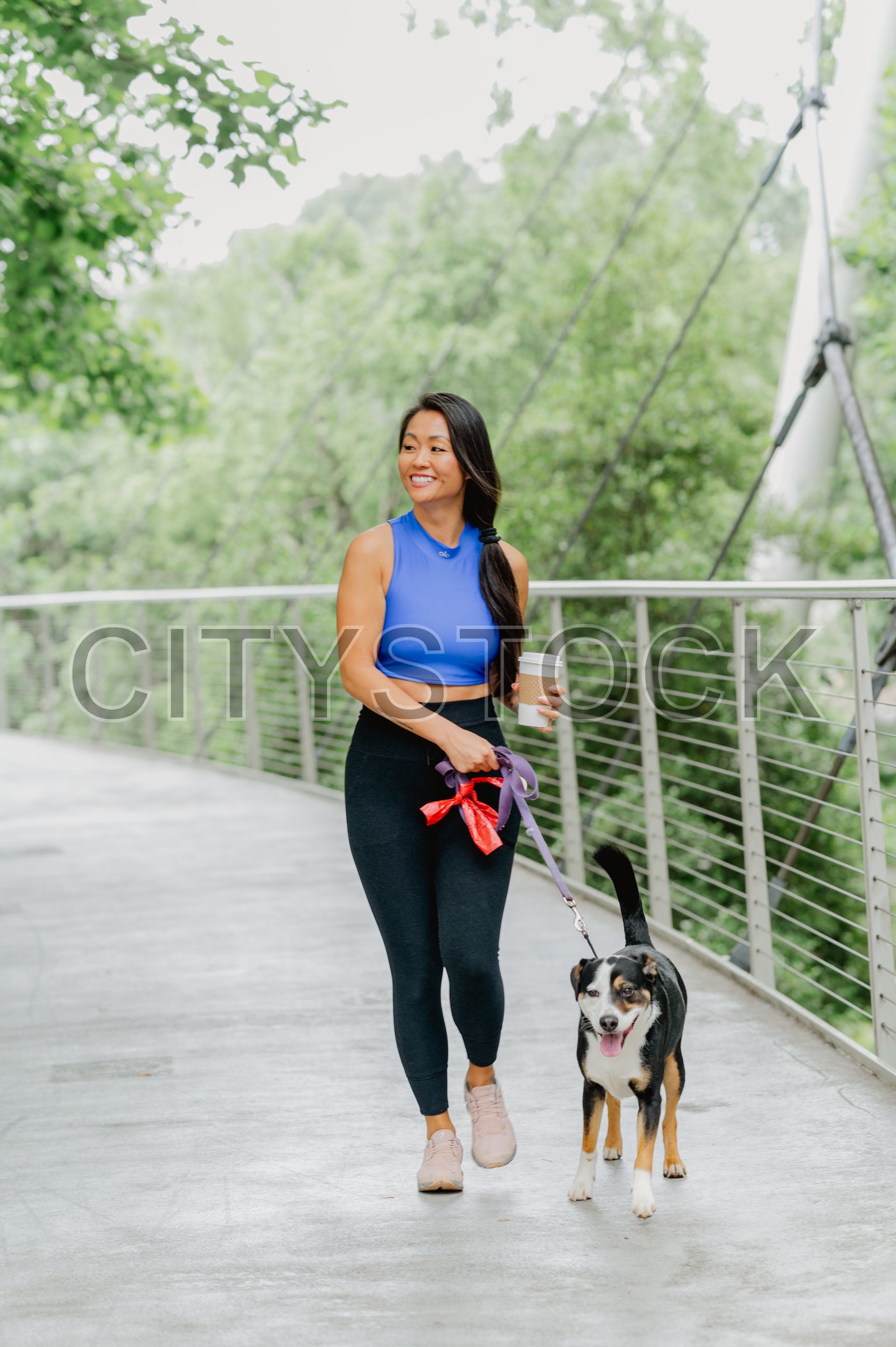 Asian woman in blue tank top walking dog on Greenville bridge