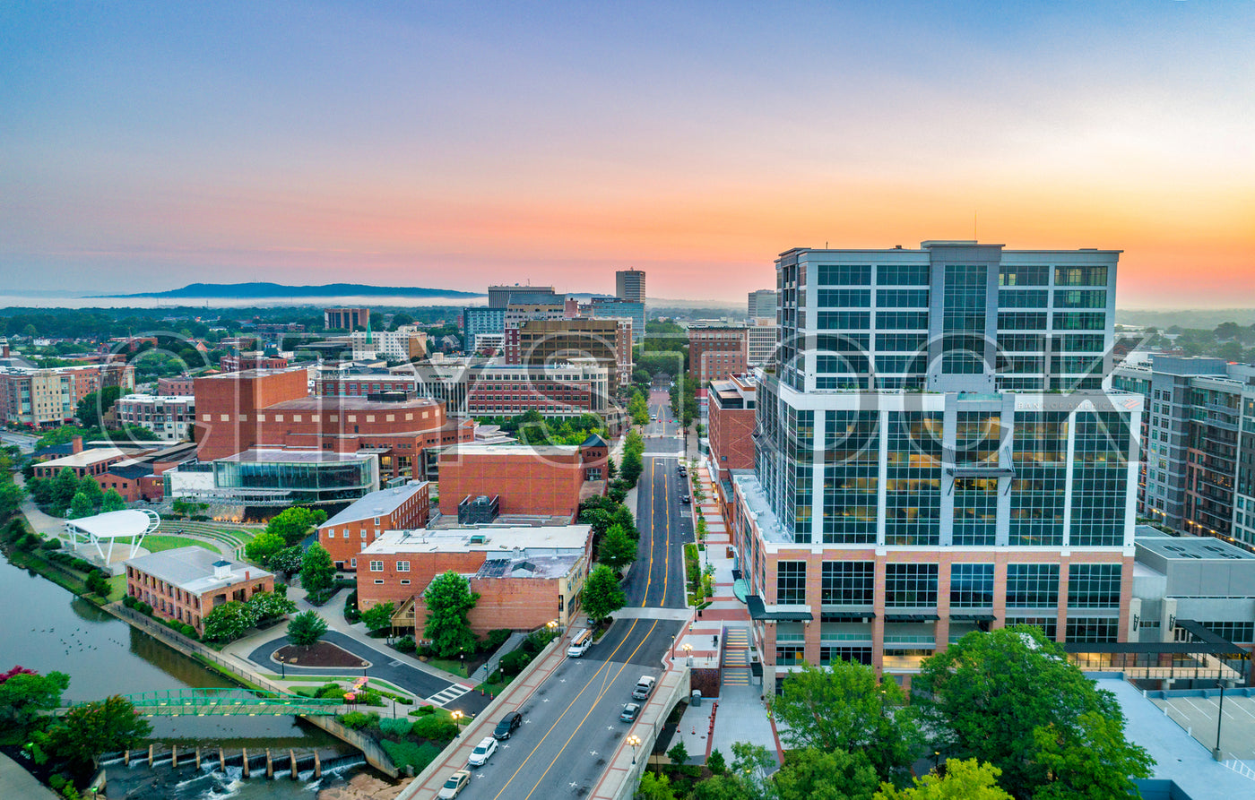 Aerial View of Greenville, South Carolina at Sunset