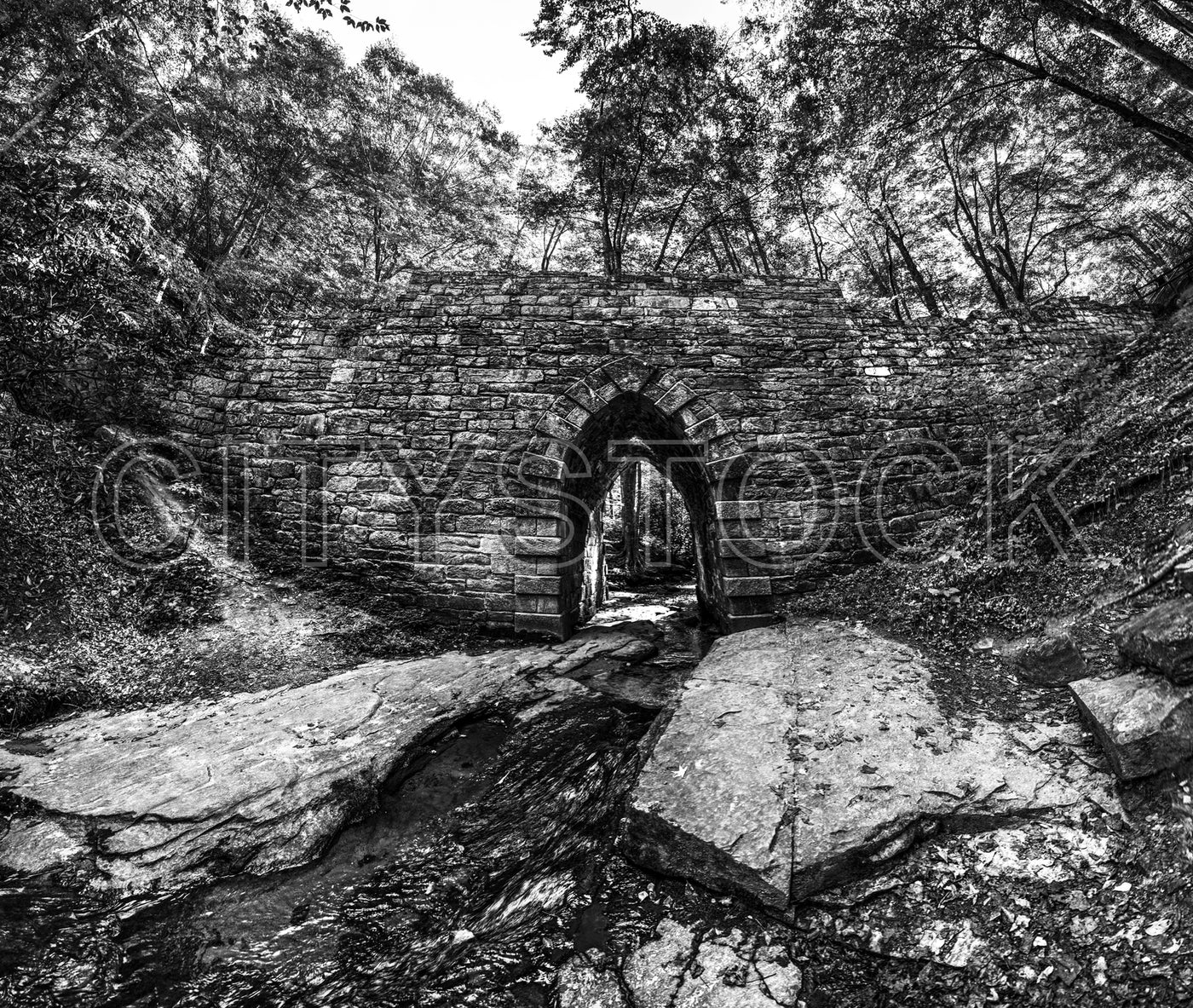 Black and white image of ancient stone arch in Greenville forest
