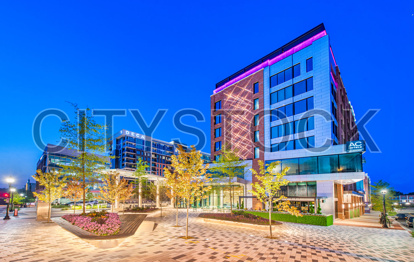 Twilight view of modern architecture in Greenville urban plaza