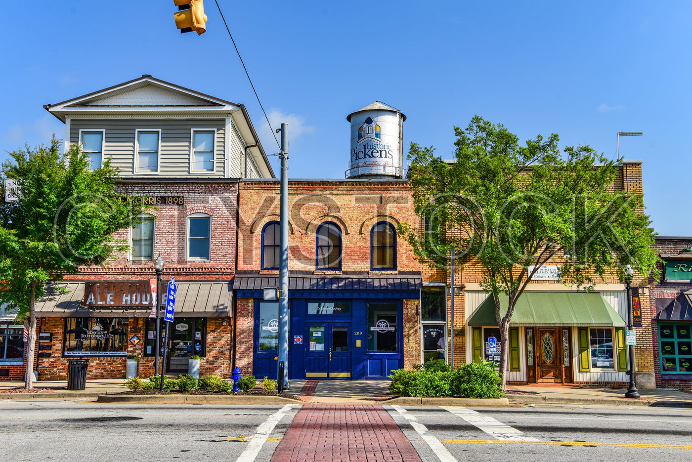 Historic Downtown Pickens, South Carolina street view with water tower