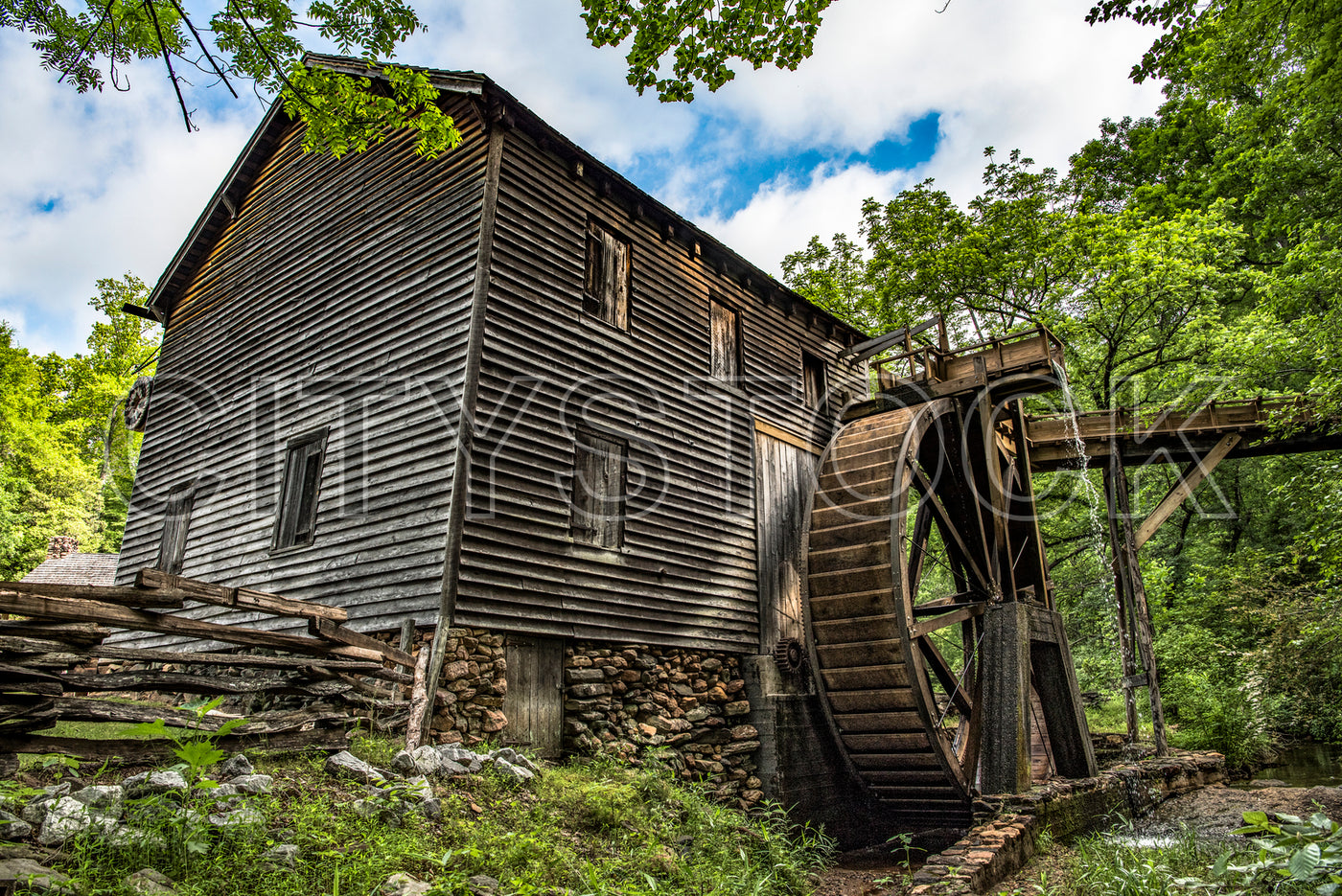 Historic wooden watermill with water wheel in Pickens, SC