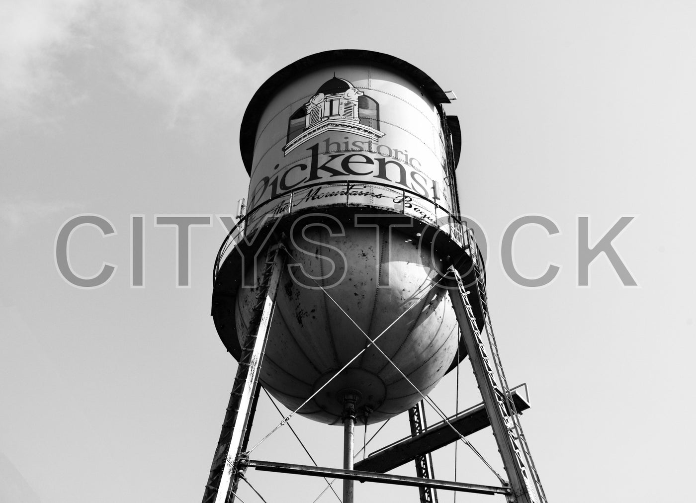 Black and white image of the historic Pickens water tower